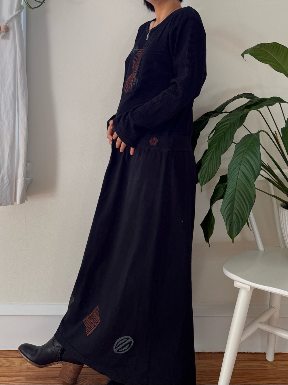 Vintage Blue Cantus 100% Cotton Ribbed Upper Body Black Long Dress Size Small